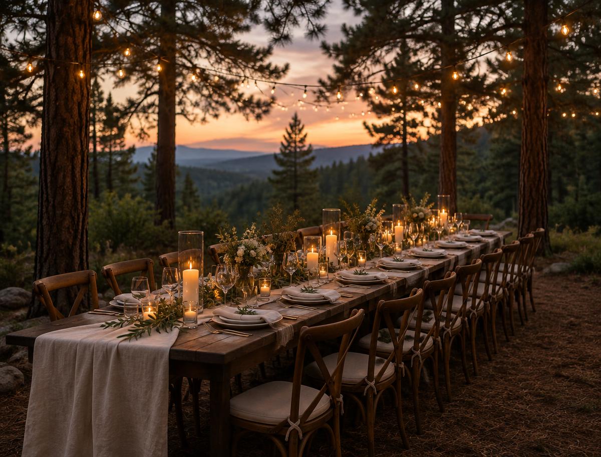 Candlelit outdoor dining under pines