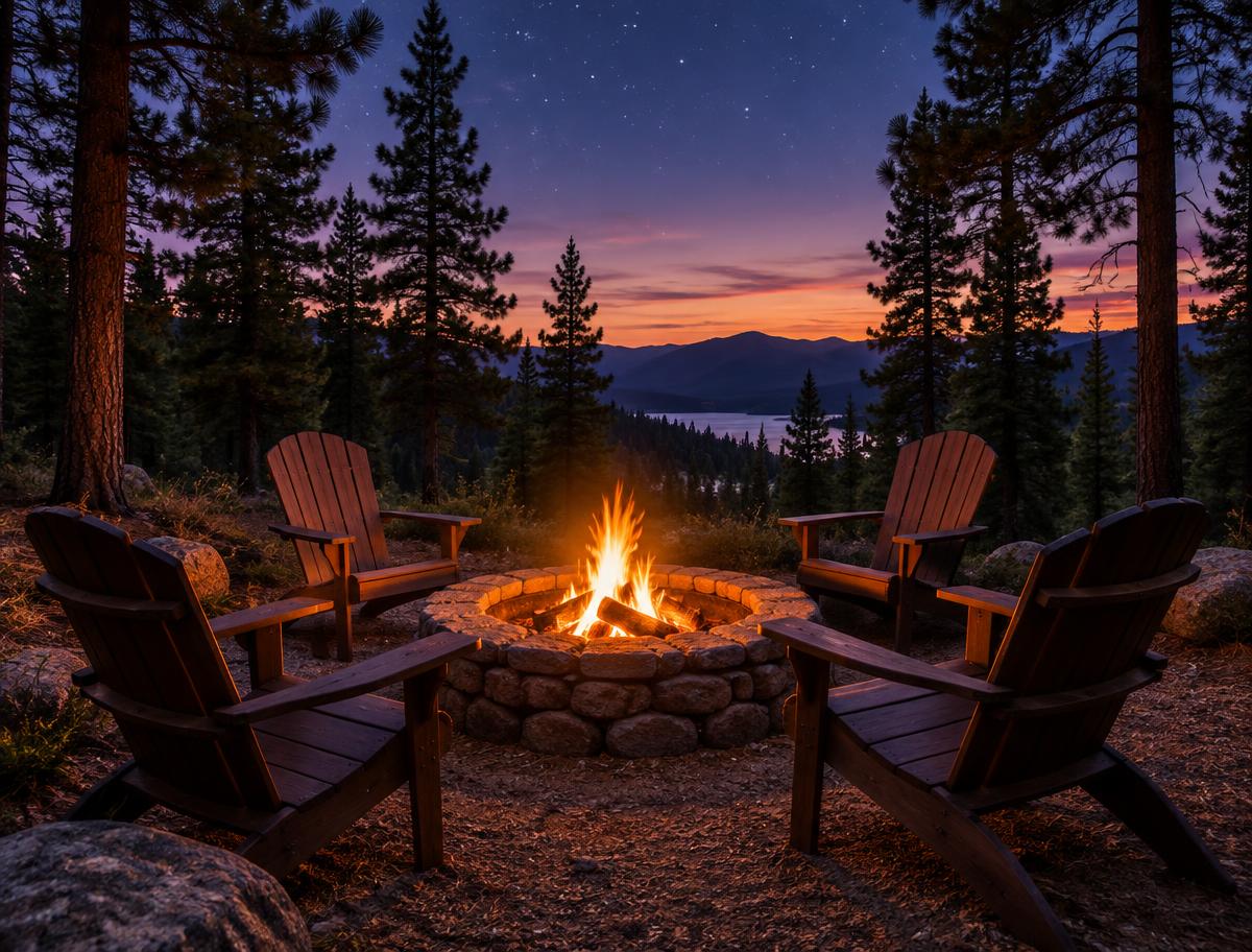 Firepit with chairs at twilight
