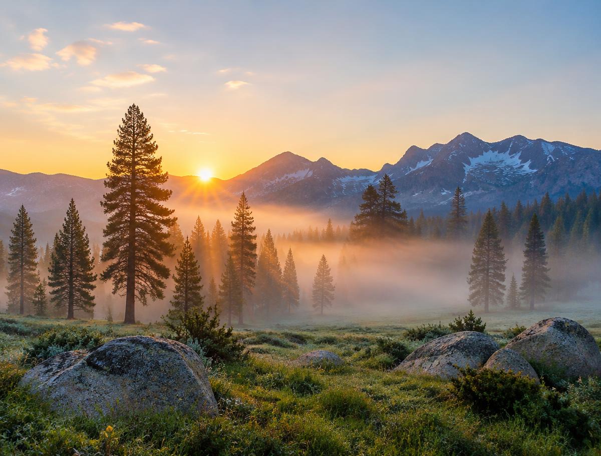 Misty Sierra meadow at sunrise